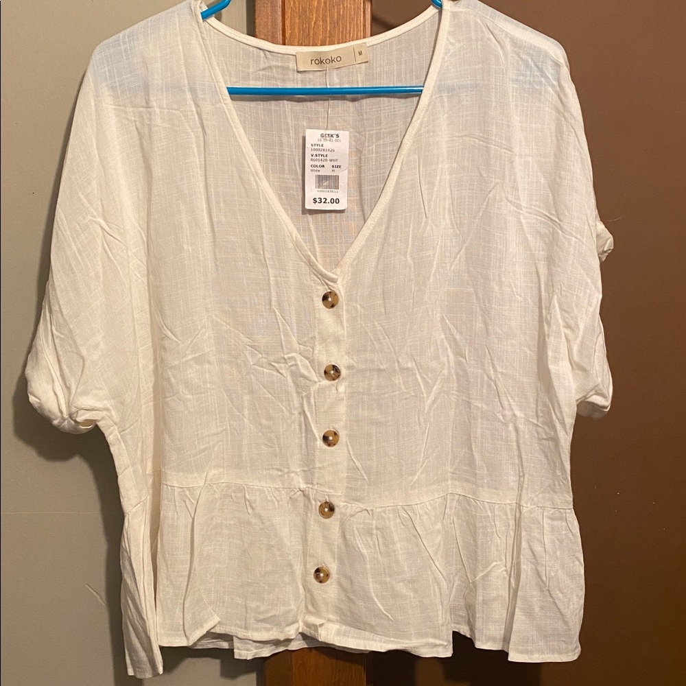 Relativity Cream V-Neck Blouse with Button Detail